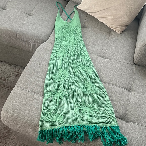 Green Crochet Maxi Dress with Fringe - Picture 4 of 8